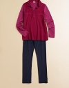 Lightweight shirt with classic styling, updated by a two-tone design, three-quarter roll-tab sleeves and a hi-low hem for your little girl.Point collarV-neckLong sleevesFlap chest pocketsHi-lo hemRayonMachine washImported