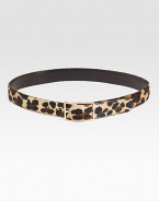 Leopard-print Italian hair calf reverses to smooth semi-gloss leather with brass hardware for an easy, multipurpose look. About 1¼ wide Nubuk calf lining Made in USA 