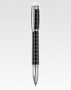 Smooth Fineliner with spring mechanism at tip, accented by diamond-cut lines and barrel and cap made of precious metal and rubber.FinelinerUses Fineliner and Rollerball refillsPlatinum-plated clipEmbossed logo emblemMetal and rubberAbout 5½ longMade in Germany