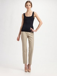 Smooth and simple knit in seamless jersey. Scoopneck Scoopback Nylon/elastene; machine wash Imported Smooth and simple knit in seamless jersey. Scoopneck Scoopback Nylon/elastene; machine wash Imported