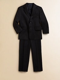 Impeccable tailoring in a luxurious wool fabric with all the right details. Blazer Notched collarLong sleeves with button detailSingle-breasted with front button closureTwo front flap pocketsDouble back vents Pants Front button closureZip flyFront slash pocketsWoolDry cleanImported Please note: Number of buttons may vary depending on size ordered. Impeccable tailoring in a luxurious wool fabric with all the right details. Blazer Notched collarLong sleeves with button detailSingle-breasted with front button closureTwo front flap pocketsDouble back vents Pants Front button closureZip flyFront slash pocketsWoolDry cleanImported Please note: Number of buttons may vary depending on size ordered.