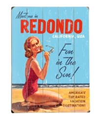 Follow this Redondo Beach sign for a little fun in the sun. A quintessential California girl poses in a red swimsuit and shades, illustrating just how swell your summer vacation can be. Cute for beach homes, with a distressed finish. Follow this Redondo Beach sign for a little fun in the sun. A quintessential California girl poses in a red swimsuit and shades, illustrating just how swell your summer vacation can be. Cute for beach homes, with a distressed finish.