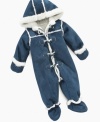 Keep him warm and comfortable in this handsome and always trendy faux shearling snowsuit by First Impressions.