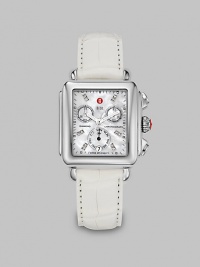 From the Deco Collection. A brilliant diamond accented design with a beautiful mother-of-pearl dial on a luxurious alligator strap. Swiss quartz movementWater resistant to 5 ATMRectangular stainless steel case, 33mm (1.3) X 35mm (1.4)Smooth bezelMother-of-pearl chronograph dialDiamond accented markers, .05 tcwDate display at 6 o'clockSecond hand White alligator strap, 18mm (.7)Imported From the Deco Collection. A brilliant diamond accented design with a beautiful mother-of-pearl dial on a luxurious alligator strap. Swiss quartz movementWater resistant to 5 ATMRectangular stainless steel case, 33mm (1.3) X 35mm (1.4)Smooth bezelMother-of-pearl chronograph dialDiamond accented markers, .05 tcwDate display at 6 o'clockSecond hand White alligator strap, 18mm (.7)Imported