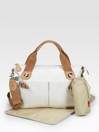 Keep baby essentials within reach with this ultra chic two tone design fashioned from crinkled PVC, includes a thermo-insulated bottle holder, padded changing mat and wipe clean interior.Shoulder straps, 8 drop Adjustable crossbody strap, 15-24 drop Top zip closure Six outside open pockets One inside zip pocket Six inside elastic pockets Acrylic-coated nylon lining 17W X 12H X 5D Imported Keep baby essentials within reach with this ultra chic two tone design fashioned from crinkled PVC, includes a thermo-insulated bottle holder, padded changing mat and wipe clean interior.Shoulder straps, 8 drop Adjustable crossbody strap, 15-24 drop Top zip closure Six outside open pockets One inside zip pocket Six inside elastic pockets Acrylic-coated nylon lining 17W X 12H X 5D Imported