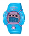 Escape just in time with this tropical ocean blue watch by Baby-G. Light blue resin strap and round case with pink accents. Shock-resistant pink and blue negative display digital dial features time, light, alarm, countdown timer, stopwatch and 12/24 hour formats. Digital dial. Water resistant to 200 meters. One-year limited warranty.