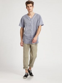 A more tailored vision of summer style, soft and easy cotton with tuxedo-style pegged legs. Side slash, back welt pocketsInseam, about 3296% cotton/4% LycraDry cleanMade in USA A more tailored vision of summer style, soft and easy cotton with tuxedo-style pegged legs. Side slash, back welt pocketsInseam, about 3296% cotton/4% LycraDry cleanMade in USA