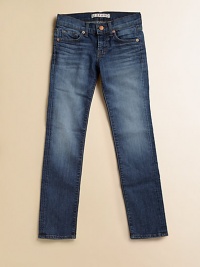 Gently faded slim leg jeans are comfortable stretch denim with whiskered details.Front zip and button closure Belt loops Classic five pocket style 92% cotton/7% polyester/1% spandex Machine wash Made in USA Gently faded slim leg jeans are comfortable stretch denim with whiskered details.Front zip and button closure Belt loops Classic five pocket style 92% cotton/7% polyester/1% spandex Machine wash Made in USA