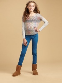 Colorful, zig-zag print adorns this cozy knit that pairs perfectly with her favorite jeans.ScoopneckLong sleevesPullover style72% polyester/21% rayon/5% metallic/2% spandexHand washMade in USA of domestic fabric Colorful, zig-zag print adorns this cozy knit that pairs perfectly with her favorite jeans.ScoopneckLong sleevesPullover style72% polyester/21% rayon/5% metallic/2% spandexHand washMade in USA of domestic fabric