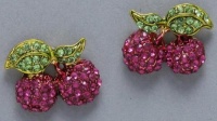 Glamorous Large 3/4 Gold Plated Sparkling Dark Pink/Fuchsia Crystal Juicy Cherry Charm Stud Earrings with Green Crystal Leaves Glamorous Large 3/4 Gold Plated Sparkling Dark Pink/Fuchsia Crystal Juicy Cherry Charm Stud Earrings with Green Crystal Leaves