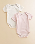 Comfy baby basics in soft cotton knit, offering one dot and one solid design.Envelope shoulders for easy on and off Short sleeves Snap bottom Cotton; machine wash Imported