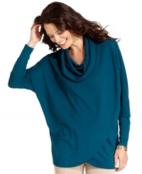 Cozy up to this Grace Elements sweater, featuring dolman sleeves, a cowl neckline and a stylish tulip hem. Cozy up to this Grace Elements sweater, featuring dolman sleeves, a cowl neckline and a stylish tulip hem.