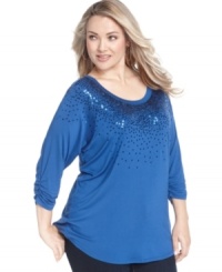 Add sparkle to your casual style with Grace Elements' plus size top, flaunting a sequined front. Add sparkle to your casual style with Grace Elements' plus size top, flaunting a sequined front.
