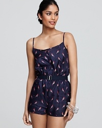 Bright, sprightly finches scatter about on this MARC BY MARC JACOBS romper, rendered in luxe silk habotai and a playful silhouette. Bright, sprightly finches scatter about on this MARC BY MARC JACOBS romper, rendered in luxe silk habotai and a playful silhouette.