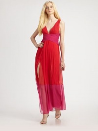 Flowing, colorblock silk chiffon, finished with an alluring slit side and a charming back bow detail.V necklineSleevelessPleated bust and waistbandSide slitBack bow detailConcealed back zipAbout 45 from natural waistSilkDry cleanImportedModel shown is 5'9 (175cm) wearing US size 4. Flowing, colorblock silk chiffon, finished with an alluring slit side and a charming back bow detail.V necklineSleevelessPleated bust and waistbandSide slitBack bow detailConcealed back zipAbout 45 from natural waistSilkDry cleanImportedModel shown is 5'9 (175cm) wearing US size 4.