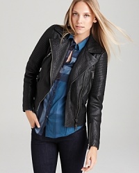 Accelerate into the season with a sleek Burberry Brit leather jacket, touting ribbed detailing and bullish zippers for modern attitude. An oversized collar sends the style into overdrive. Accelerate into the season with a sleek Burberry Brit leather jacket, touting ribbed detailing and bullish zippers for modern attitude. An oversized collar sends the style into overdrive.