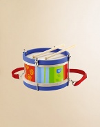 A real drum--designed in bright colors for a child--features two heavy-duty surfaces, wood drum sticks and a fabric strap so the drum can be worn while played. Includes tuning key, two drum sticks Metal supports can be tightened (with adult supervision) for tuning Recommended for ages three and up 8¾W X 6½D X 8¾H Imported