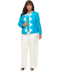 A bright turquoise jacket and top look brilliant with a contrasting applique trim and chic white pants, from Kasper's plus size suit collection. A bright turquoise jacket and top look brilliant with a contrasting applique trim and chic white pants, from Kasper's plus size suit collection.