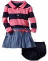 Nautica Sportswear Kids Girls 2-6X Long Sleeve Striped Rugby Chambray Skirt Attached Top, Medium Pink, 5