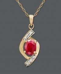 Adorn your neckline with a vibrant crimson hue. This pendant features an oval-cut ruby (3/4 ct. t.w.) and round-cut diamond accents set in 14k gold. Approximate length: 18 inches. Approximate drop: 3/4 inch.