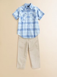 A plaid cotton poplin shirt is crafted for an authentic Western look in a short-sleeved silhouette.Straight point collarShort sleevesFront snap closureFront snap-patch pocketsRounded shirttail hemCottonMachine washImported Please note: Number of snaps may vary depending on size ordered. A plaid cotton poplin shirt is crafted for an authentic Western look in a short-sleeved silhouette.Straight point collarShort sleevesFront snap closureFront snap-patch pocketsRounded shirttail hemCottonMachine washImported Please note: Number of snaps may vary depending on size ordered.