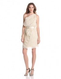 HALSTON HERITAGE Women's One Shoulder Tiered Ruffle Dress with Adjustable Belt HALSTON HERITAGE Women's One Shoulder Tiered Ruffle Dress with Adjustable Belt