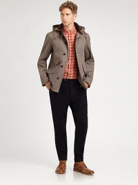 An updated rendition of an outerwear favorite, crafted from water-resistant bonded cotton with an attached hood and a corduroy-trimmed collar.Button-frontAttached drawstring hoodRibbed knit collar, cuffs and hemWaist flap pocketsAbout 29 from shoulder to hemCottonMachine washImported An updated rendition of an outerwear favorite, crafted from water-resistant bonded cotton with an attached hood and a corduroy-trimmed collar.Button-frontAttached drawstring hoodRibbed knit collar, cuffs and hemWaist flap pocketsAbout 29 from shoulder to hemCottonMachine washImported