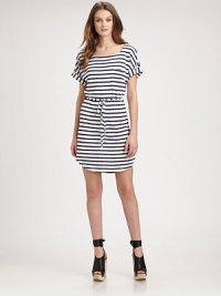 You'll be strung on stripes when you don this nautical boatneck with rolled cuffs and a waist-enhancing self tie. BoatneckShort sleevesRolled cuffsSelf tie at waistAbout 18 from natural waist42% polyester/29% supima cotton/29% micro modalDry cleanImportedModel shown is 5'10 (177cm) wearing US size Small. You'll be strung on stripes when you don this nautical boatneck with rolled cuffs and a waist-enhancing self tie. BoatneckShort sleevesRolled cuffsSelf tie at waistAbout 18 from natural waist42% polyester/29% supima cotton/29% micro modalDry cleanImportedModel shown is 5'10 (177cm) wearing US size Small.