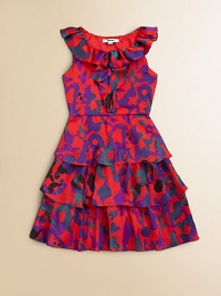 A fun print, ruffled neckline and tiered design make this the perfect party dress. Abstract print Tiered designRuffled necklineSleevelessBack zip closurePolyester charmeuseMachine washImported A fun print, ruffled neckline and tiered design make this the perfect party dress. Abstract print Tiered designRuffled necklineSleevelessBack zip closurePolyester charmeuseMachine washImported