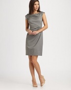 A sophisticated shift with flattering gathered details on front and a pretty ruffle cap sleeve. BoatneckSubtle asymmetrical sleevesGathered front detailsConcealed back zipperFully linedAbout 24 from natural waist51% viscose/47% virgin wool/2% elastaneDry cleanImported Model shown is 5'9½ (176cm) wearing US size 4. 