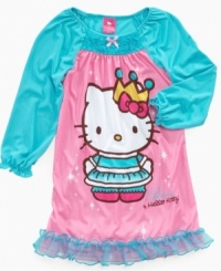 Your little princess will enjoy sleeping in this adorable Hello Kitty nightgown with ruffle detail. Your little princess will enjoy sleeping in this adorable Hello Kitty nightgown with ruffle detail.