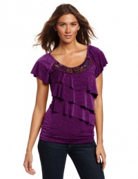 AGB Women's Spacedye Flutter Sleeve Top With Scoop Neck and Tiers AGB Women's Spacedye Flutter Sleeve Top With Scoop Neck and Tiers