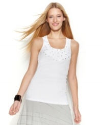 Elegant lace looks fresh on a petite fitted tank silhouette, from INC. Rhinestones provide a little extra sparkle and pizzazz! Elegant lace looks fresh on a petite fitted tank silhouette, from INC. Rhinestones provide a little extra sparkle and pizzazz!