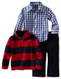 Izod Kids Baby-boys Infant Stripe 1/4 Zip 3 Piece Sweater Set, Rooster Red, 24 Months