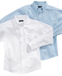 The perfect preppy companion to his dressed-up look is this long-sleeved oxford shirt. The perfect preppy companion to his dressed-up look is this long-sleeved oxford shirt.