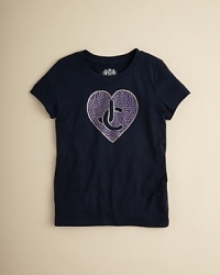 A cotton crewneck tee from Juicy Couture, emblazoned with a large rhinestone heart logo at the center chest. A cotton crewneck tee from Juicy Couture, emblazoned with a large rhinestone heart logo at the center chest.