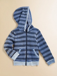Alarmingly soft hoodie in a contrasting stripe print will make mornings easier for you and more fun for him. Attached hoodFront zipperLong sleeves with banded cuffsSplit kangaroo pocketBanded hemBody: 50% polyester/45% rayon/5% cottonTrim: 52% cotton/48% polyesterMachine washImported