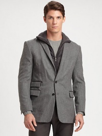 A modern combination of sleek sophistication and refined comfort, this sportcoat is expertly tailored in Italy from smooth, lightweight wool flannel featuring an interior tabard with a full-zip front and a ribbed-knit mockneck collar.Button-frontChest welt, waist flap pocketsSide vents80% cotton/20% nylonDry cleanMade in Italy A modern combination of sleek sophistication and refined comfort, this sportcoat is expertly tailored in Italy from smooth, lightweight wool flannel featuring an interior tabard with a full-zip front and a ribbed-knit mockneck collar.Button-frontChest welt, waist flap pocketsSide vents80% cotton/20% nylonDry cleanMade in Italy