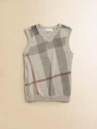 His favorite cashmere-blend, check sweater in a sporty vest.V-neckSleevelessElastic waist with ribbed seam50% cashmere/50% cottonHand washImported His favorite cashmere-blend, check sweater in a sporty vest.V-neckSleevelessElastic waist with ribbed seam50% cashmere/50% cottonHand washImported