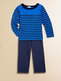 A cool, striped French tee sits atop matching pants for a handsome ensemble.CrewneckLong sleevesPullover styleElastic waistband38% modal/38% cotton/ 24% polyesterMachine washImported A cool, striped French tee sits atop matching pants for a handsome ensemble.CrewneckLong sleevesPullover styleElastic waistband38% modal/38% cotton/ 24% polyesterMachine washImported