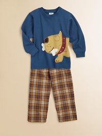 An adorable dog adorns the front of a long-sleeve tee paired with soft plaid pants. TeeRibbed crewneckLong sleeves with ribbbed cuffsDog appliqué Pants Elastic waistband with drawstringTwo front side pocketsTwo back flap pocketsCottonMachine washMade in USA of imported fabric An adorable dog adorns the front of a long-sleeve tee paired with soft plaid pants. TeeRibbed crewneckLong sleeves with ribbbed cuffsDog appliqué Pants Elastic waistband with drawstringTwo front side pocketsTwo back flap pocketsCottonMachine washMade in USA of imported fabric