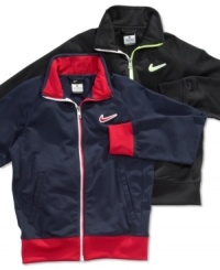 Perfect for staying warmed up on a cool fall day, these track jackets from Nike zip up to keep out the cold. (Clearance) Perfect for staying warmed up on a cool fall day, these track jackets from Nike zip up to keep out the cold. (Clearance)