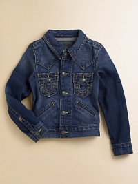 Authentic Western styled jean jacket, updated with contrast stitching and vintage nickel-finished rivets. Shirt collarLong sleevesButton frontFlap pocketsSlash pocketsAdjustable waistCottonMachine washImported of American fabric Please note: Number of buttons may vary depending on size ordered. Authentic Western styled jean jacket, updated with contrast stitching and vintage nickel-finished rivets. Shirt collarLong sleevesButton frontFlap pocketsSlash pocketsAdjustable waistCottonMachine washImported of American fabric Please note: Number of buttons may vary depending on size ordered.