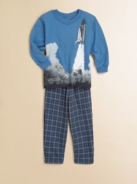 The iconic space shuttle zooms into the sky on the front of a long-sleeve tee paired with soft plaid pants. TeeRibbed crewneckLong sleeves with ribbbed cuffsScreened space shuttle design Pants Elastic waistbandTwo front side pocketsWoven plaid, softly brushed insideCottonMachine washMade in USA of imported fabric The iconic space shuttle zooms into the sky on the front of a long-sleeve tee paired with soft plaid pants. TeeRibbed crewneckLong sleeves with ribbbed cuffsScreened space shuttle design Pants Elastic waistbandTwo front side pocketsWoven plaid, softly brushed insideCottonMachine washMade in USA of imported fabric