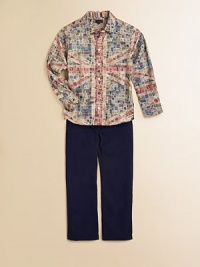 An array of stamps in a range of soft hues create a graphic, yet subtle, Union Jack pattern on this charming button-down.Point collarLong sleeves with button cuffsButton front with single contrast buttonContrast stripes along the inner sleeves and collarCurved hemCottonMachine washImported of French fabricPlease note: Number of buttons may vary depending on size ordered. An array of stamps in a range of soft hues create a graphic, yet subtle, Union Jack pattern on this charming button-down.Point collarLong sleeves with button cuffsButton front with single contrast buttonContrast stripes along the inner sleeves and collarCurved hemCottonMachine washImported of French fabricPlease note: Number of buttons may vary depending on size ordered.