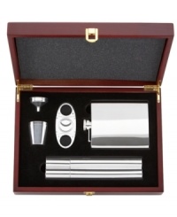 With the sophisticated polish of stainless steel, this well-appointed flask and cigar set from Gorham includes all the essentials for kicking back, plus a beautiful wooden storage box. A memorable groomsman gift! With the sophisticated polish of stainless steel, this well-appointed flask and cigar set from Gorham includes all the essentials for kicking back, plus a beautiful wooden storage box. A memorable groomsman gift!