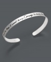 Find courage in the timeless serenity prayer. This sterling silver open cuff is etched with the phrase, God grant me the serenity to accept the things I cannot change, courage to change the things I can and wisdom to know the difference. Approximate diameter: 2-1/2 inches.