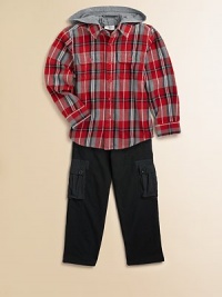 An everyday, plaid flannel shirt tee is designed in a layered-look silhouette with attached hood.Attached hoodLong sleevesButton-frontButton-flap patch pocketsCottonMachine washImported Please note: Number of buttons may vary depending on size ordered. An everyday, plaid flannel shirt tee is designed in a layered-look silhouette with attached hood.Attached hoodLong sleevesButton-frontButton-flap patch pocketsCottonMachine washImported Please note: Number of buttons may vary depending on size ordered.