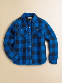He'll stay cool and keep warm in this shirt-meets-coat with a bold check pattern and quilted lining.Point collarButton-down placketLong sleeves with button cuffsFlap patch front pocketsSlash side pocketsCurved hemCotton; polyester liningMachine washImportedPlease note: Number of buttons may vary depending on size ordered. He'll stay cool and keep warm in this shirt-meets-coat with a bold check pattern and quilted lining.Point collarButton-down placketLong sleeves with button cuffsFlap patch front pocketsSlash side pocketsCurved hemCotton; polyester liningMachine washImportedPlease note: Number of buttons may vary depending on size ordered.