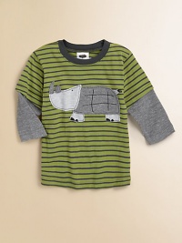 A two-tone rhino, with waffles instead of wrinkles, is just hanging out on the front of a charming striped tee with layered-look waffle sleeves.Contrast ribbed crewneckLong sleeves with a layered waffle textureFront waffle appliquéCottonMachine washImported A two-tone rhino, with waffles instead of wrinkles, is just hanging out on the front of a charming striped tee with layered-look waffle sleeves.Contrast ribbed crewneckLong sleeves with a layered waffle textureFront waffle appliquéCottonMachine washImported